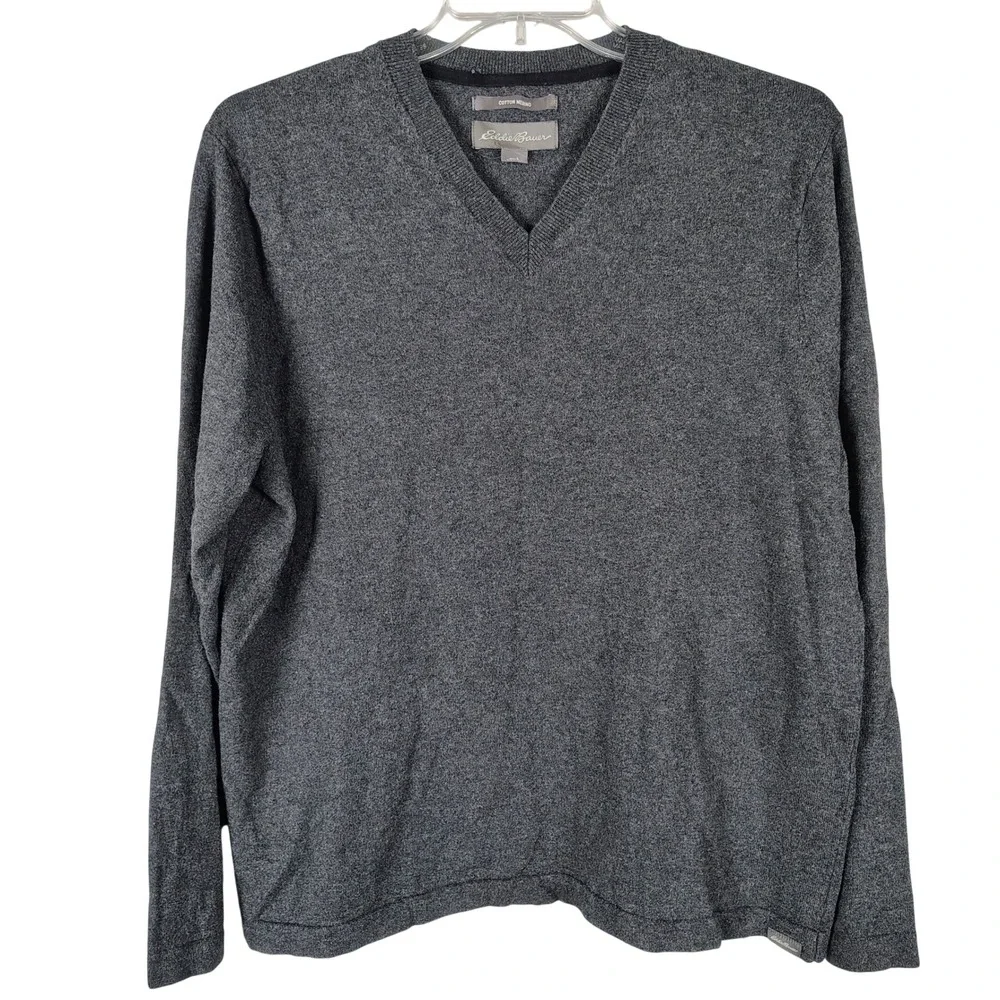 Eddie Bauer Mens Large Gray Cotton Merino‎ Wool Blend V-Neck Sweater Heathered